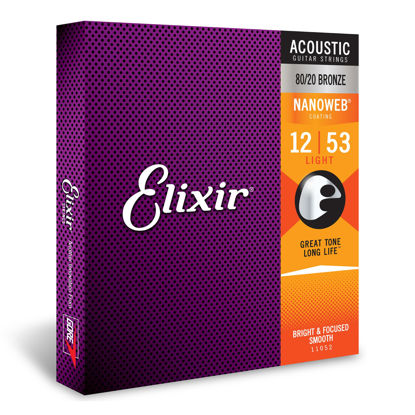 Picture of Elixir Strings, Acoustic Guitar Strings, 80/20 Bronze with NANOWEB Coating, Longest-Lasting Bright and Focused Tone with Comfortable Feel, 6 String Set, Light 12-53