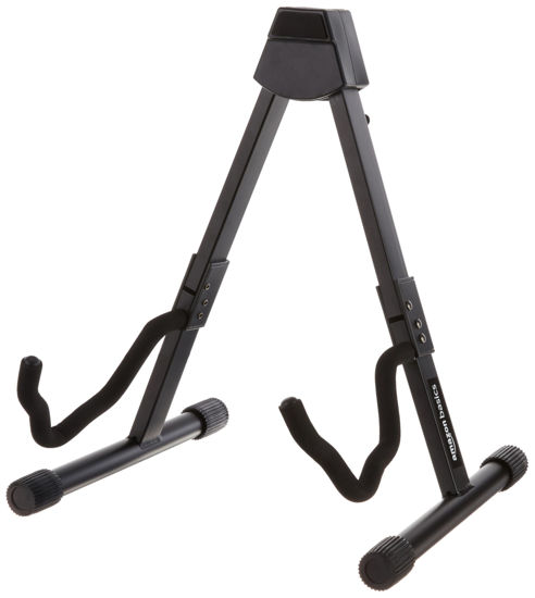Picture of Amazon Basics Adjustable Guitar Folding A-Shape Frame Stand for Acoustic and Electric Guitars with Non-Slip Rubber and Soft Foam Arms, Fully Assembled, Black