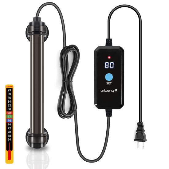 Picture of Orlushy 25W Submersible Mini Fish Tank Heater, Adjustable Aquarium Heater with Digital Display External Controller, Overheat Protection and Free Thermometer for 1-5 Gallon Freshwater & Saltwater Tank