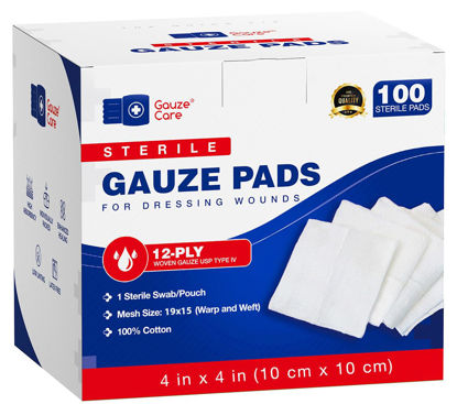 Picture of 100pc Large Sterile Gauze Pads 4x4 Sterile for Wounds Bulk - 12ply Woven Gauze Sponges 4x4 Sterile - USP IV Breathable Mesh 4x4 Gauze Pads Sterile for Enhanced Absorption - First Aid Medical