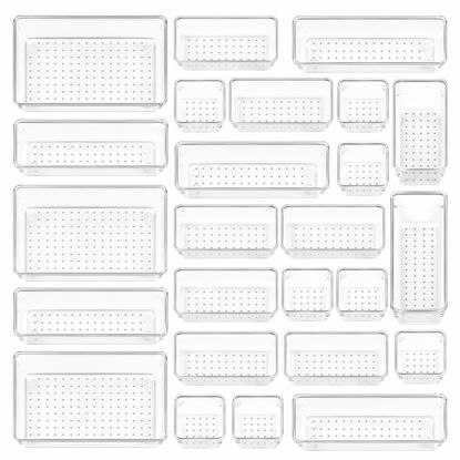 Picture of Vtopmart 25 PCS Clear Plastic Drawer Organizers Set, 4-Size Versatile Bathroom and Vanity Drawer Organizer Trays, Storage Bins for Makeup, Bedroom, Kitchen Gadgets Utensils and Office