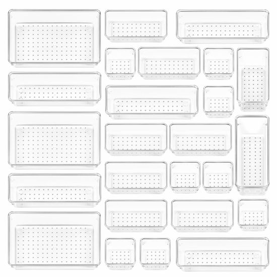 Picture of Vtopmart 25 PCS Clear Plastic Drawer Organizers Set, 4-Size Versatile Bathroom and Vanity Drawer Organizer Trays, Storage Bins for Makeup, Bedroom, Kitchen Gadgets Utensils and Office