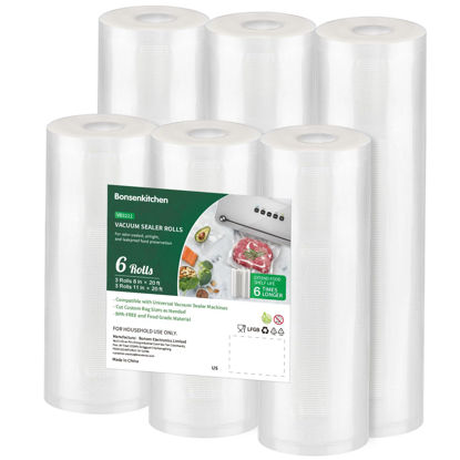 Picture of Bonsenkitchen Vacuum Sealer Rolls Bags, 6 Pack 3 Rolls 11" x 20' + 3 Rolls 8" x 20' Commercial Grade BPA Free Bag Rolls, Durable Customized Size Food Vac Bags for Storage and Sous Vide Cooking VB3211