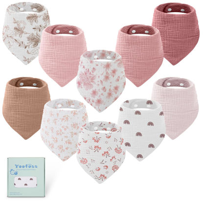 Picture of Yoofoss Muslin Baby Bibs 10 Pack Bandana Bibs 100% Cotton 6-Layer Soft Absorbent Drool Bibs for Boys and Girls, Pink Flower