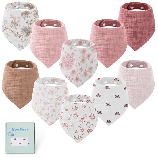 Picture of Yoofoss Muslin Baby Bibs 10 Pack Bandana Bibs 100% Cotton 6-Layer Soft Absorbent Drool Bibs for Boys and Girls, Pink Flower