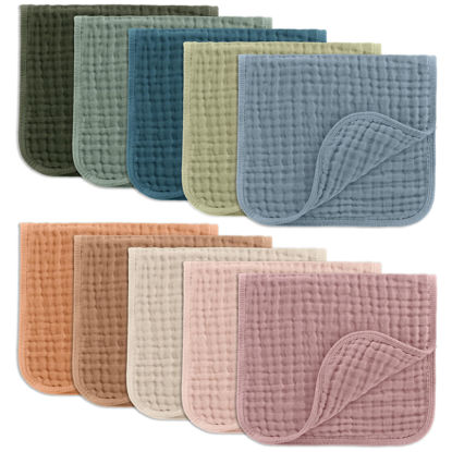 Picture of Comfy Cubs Muslin Burp Cloths Set (20”X10”, Pack of 10) - Large, 6-Layer, Ultra Absorbent 100% Cotton for Baby Spit-Up, Drool, and Messes - Soft, Gentle - Great, (Multicolor)