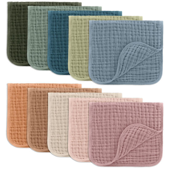 Picture of Comfy Cubs Muslin Burp Cloths Set (20”X10”, Pack of 10) - Large, 6-Layer, Ultra Absorbent 100% Cotton for Baby Spit-Up, Drool, and Messes - Soft, Gentle - Great, (Multicolor)