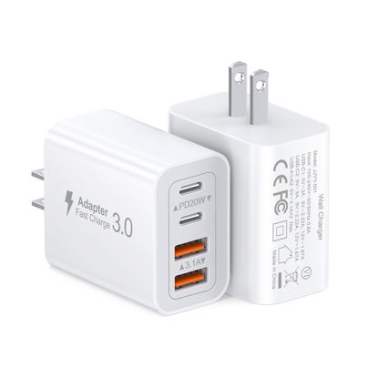 Picture of 40W USB C Charger Cube, 2-Pack Wall Plug Fast Charging Block, 4-Port PD+QC Power Adapter Multiport Brick Type C Box for iPhone 16/15/14/13/12/11/Pro Max/XS/XR/8/7, Tablets, Cellphones