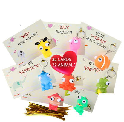 Picture of SAMRIKO Premium 32 Piece Valentines Day Card for Kids With Squeezable PopEye Animal Keychain Perfect for Valentine’s Day Gifts for Kids, Class Valentine Gifts, Valentine Gifts for Class, Classroom