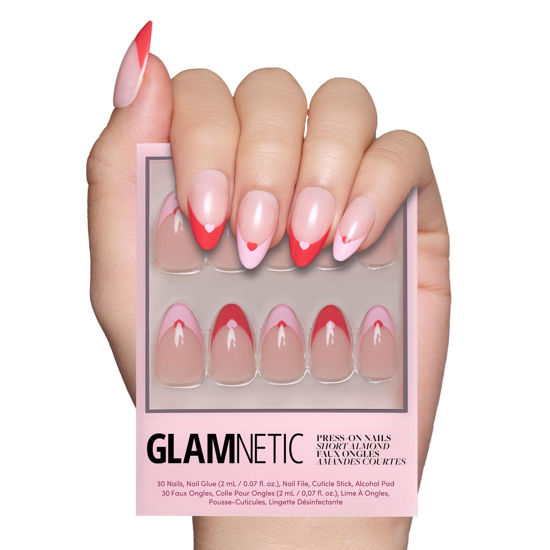 Picture of Glamnetic Press On Nails - Pure Hearted | Short Almond Nails with Heart Accents, Reusable Stick On Fake Nails with Glue | 15 Sizes - 30 Nail Kit with Glue
