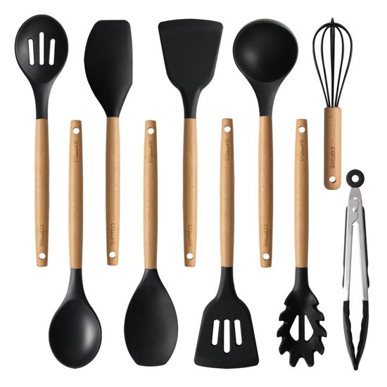 Picture of CAROTE Silicone Cooking Utensils Set for Nonstick Cookware, 446°F Heat Resistant Kitchen Utensil Set with Wooden Handle 10pcs, Spatula, Turner, Spoon, Tongs, Whisk