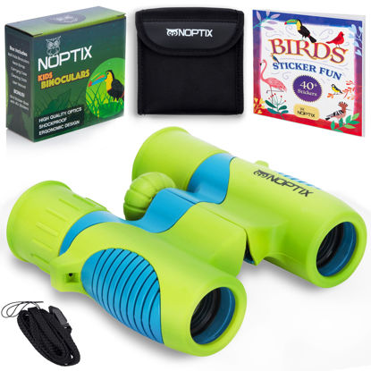 Picture of Kids Binoculars girls or boys Real Binoculars in Green Blue - Binoculars for Toddlers up to Kids age 14 - includes sticker book with 40 Bird Species