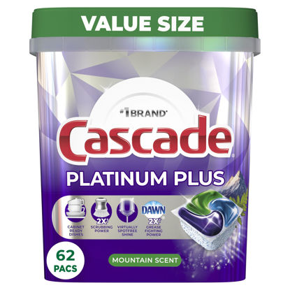 Picture of Cascade Platinum Plus ActionPacs Dishwasher Detergent Pods, Dishwasher Soap, Cleaning Supplies, Mountain, 62 Count