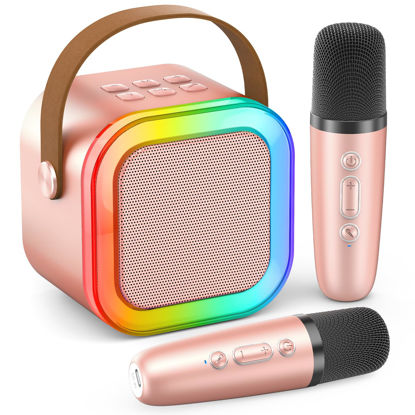 Picture of Karaoke Machine for Kids Adults, Portable Bluetooth Mini Karaoke Microphone Singing Speaker with 2 Wireless Mic and Light,Toys for All Smartphones,Birthday, Family,Home Party (Rose Gold)