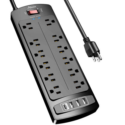 Picture of Power Strip, ALESTOR Surge Protector with 12 Outlets and 4 USB Ports, 6 Feet Extension Cord (1875W/15A), 2700 Joules, ETL Listed, Black