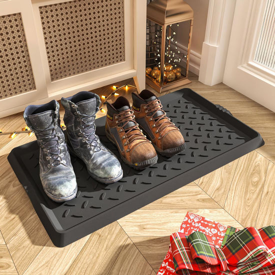 Picture of SUPENUIN Boot-Tray Heavy Duty Rubber Mat with Lip Waterproof Shoe Mat Tray for Entryway Indoor Outdoor Multi Use Catch All Trays Entryway Mat Shoe Cleaning Mat Entryway Shoe Storage 16x27.5 Inches