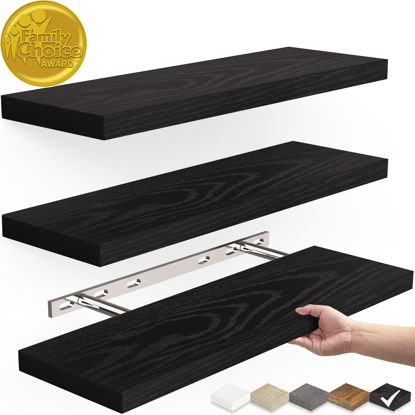 Picture of BAYKA Floating Shelves for Wall, Wall Mounted Rustic Wood Shelves for Bathroom, Bedroom, Living Room, Kitchen, Hanging Shelf for Books/Storage/Room Decor with 22lbs Capacity (Black, Set of 3, 15.7in)