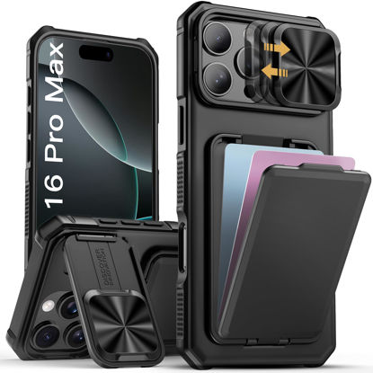 Picture of SSLOTSCASE for iPhone 16 Pro Max Case with Card Holder & Kickstand & Slide Camera Lens Cover, Silicone Edge Protection Rugged Heavy Duty Phone Case Cover for iPhone 16 Pro Max 6.9'' 5G, Black