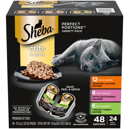 Picture of Sheba Perfect Portions Wet Cat Food Cuts in Gravy Variety Pack, Roasted Chicken Entree, With Sustainable Salmon, and Tender Turkey Entree, 2.6 oz. Twin-Pack Trays (24 Count, 48 Servings)