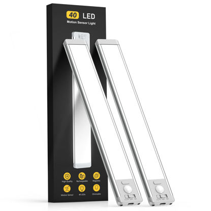 Picture of Under Cabinet Lights,40 LED Rechargeable Battery Operated Motion Sensor Light Indoor, 2 Pack Magnetic Dimmable Closet Lights, Wireless Under Counter Lights for Kitchen, Stairs