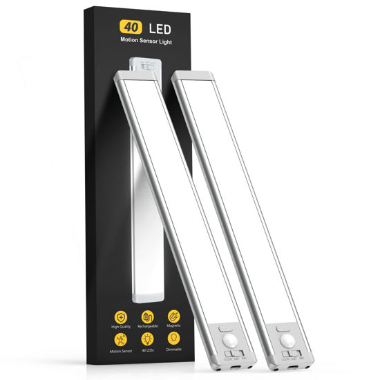 Picture of Under Cabinet Lights,40 LED Rechargeable Battery Operated Motion Sensor Light Indoor, 2 Pack Magnetic Dimmable Closet Lights, Wireless Under Counter Lights for Kitchen, Stairs