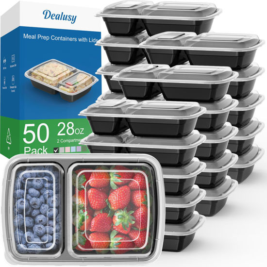 Picture of 50 Pack (100-Piece) 28 oz Meal Prep Containers Reusable with Lids 2-Compartment, Sturdy Leakproof Food Safe, Microwave Freezer Dishwasher Safe, To Go Take Out Plastic Food Storage, Black