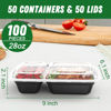 Picture of 50 Pack (100-Piece) 28 oz Meal Prep Containers Reusable with Lids 2-Compartment, Sturdy Leakproof Food Safe, Microwave Freezer Dishwasher Safe, To Go Take Out Plastic Food Storage, Black