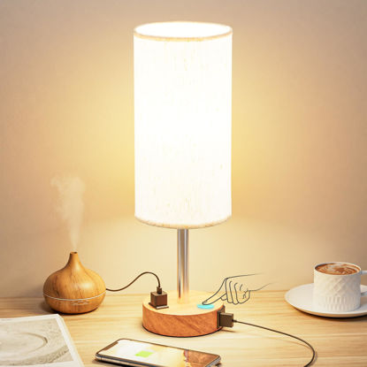 Picture of Fenmzee Bedside Table Lamp for Bedroom - 3 Way Dimmable Touch Lamp USB C Charging Ports and AC Outlet, Small Lamp Wood Base Round Flaxen Fabric Shade for Living Room, Desk, LED Bulb Included