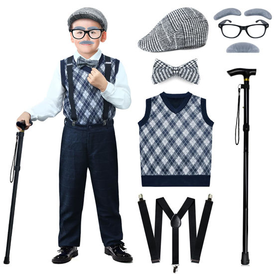 Picture of Nabobs 100 Days of School Costume for Boys - Old Man Costume with Grandpa Hat, Beard, and Vest for Kids 100th Day of School Cosplay (Retro Black, Medium (5-7 Y))
