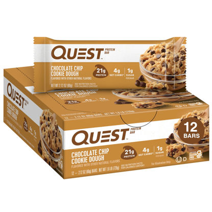 Picture of Quest Nutrition Chocolate Chip Dough Cookie Protein Bars, 21g Protein, 1g Sugar, 4g Net Carb, Gluten Free, Keto Friendy, 12 Count