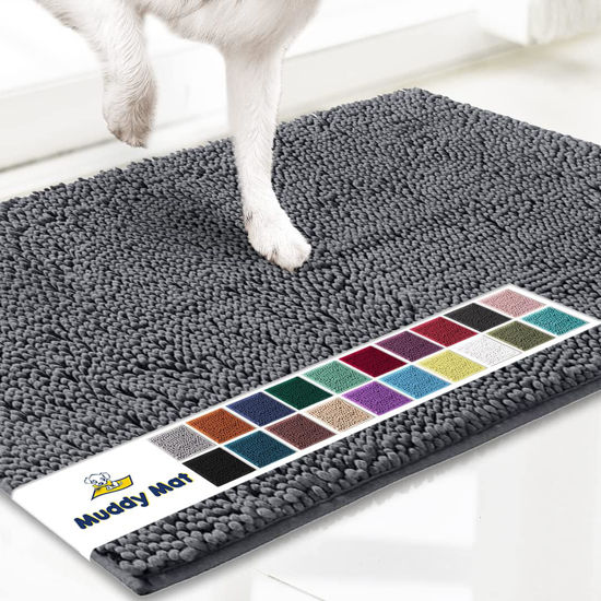 Picture of Muddy Mat® Shown on TV - Super Absorbent Microfiber Dog Door Mat for Muddy Paws, Non-Slip Washable Pet Rug, Quick Dry Chenille Entryway Carpet, Machine Washable Indoor Outdoor mat, Grey 30"x19"