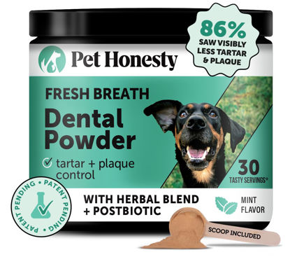 Picture of Pet Honesty Dog Breath Freshener Dental Powder for Teeth Cleaning Plaque Off, Dental Care for Dogs, Tartar Remover for Teeth with Natural Herbal Blend + Postbiotics (Mint - 30 Servings)