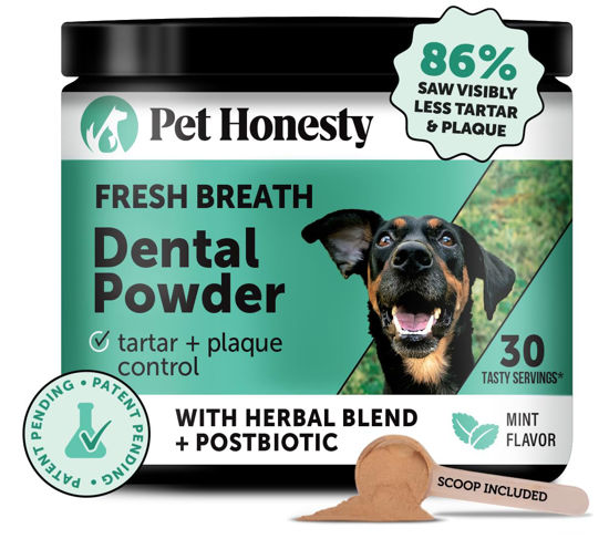 Picture of Pet Honesty Dog Breath Freshener Dental Powder for Teeth Cleaning Plaque Off, Dental Care for Dogs, Tartar Remover for Teeth with Natural Herbal Blend + Postbiotics (Mint - 30 Servings)