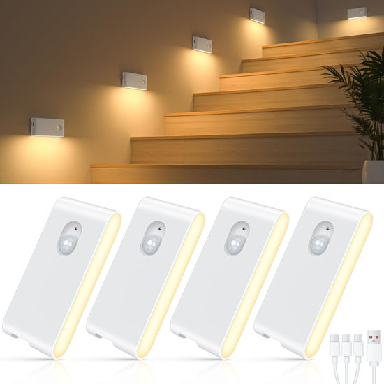 Picture of WILLED Stair Lights Indoor,Warm White Rechargeable Night Light,Wireless Motion Sensor Night Light,Battery Stick On Lights for Stairway,Hallway,Kitchen,Closet,Cabinet,Bedroom,Kids' Room(4-Pack)