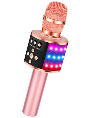 Picture of BONAOK Bluetooth Wireless Karaoke Microphone with LED Lights,4-in-1 Portable Handheld Mic with Speaker Karaoke Player for Singing Home Party Toys Birthday Gift for Kids Adults Girls Q78(Rose Gold)