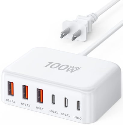Picture of USB C Fast Charger, 100W GaN 6 Port Type USB C Charging Station Hub Block Cube, USB C Wall Charger Power Strip Adapter Plug for iPad iPhone 16 15 14 13 12 Pro Max Pixel Note Galaxy, 5ft Cord