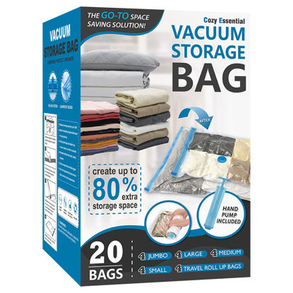 Picture of 20 Pack Vacuum Storage Bags, Space Saver Bags (4 Jumbo/4 Large/4 Medium/4 Small/4 Roll) Compression for Comforters and Blankets, Sealer Clothes Storage, Hand Pump Included