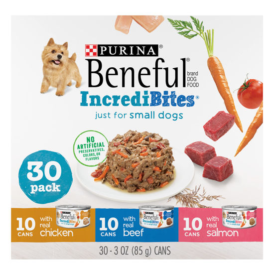 Picture of Purina Beneful Small Breed Wet Dog Food Variety Pack, IncrediBites With Real Beef, Chicken and Salmon - (Pack of 30) 3 Oz. Cans