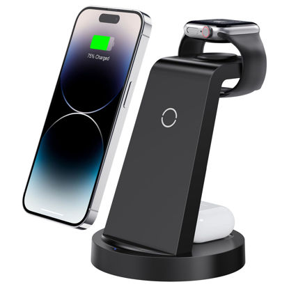 Picture of 3 in 1 Charging Station for iPhone, Wireless Charger for iPhone 16 15 14 13 12 11 X Pro Max & Apple Watch - Wireless Charging Station for AirPods 4 3 Pro