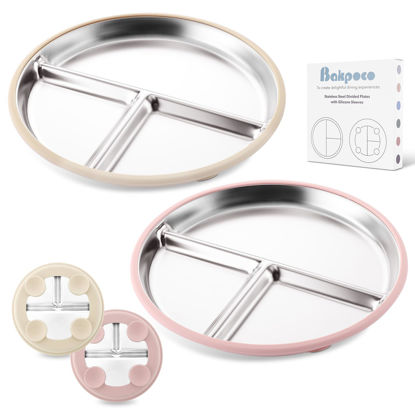 Picture of Bakpoco Stainless Steel Baby Plate with Suction, 9” Divided Toddler Plates with Removable Silicone Sleeves for Kids, Non-Toxic Non-Slip Unbreakable Dishwasher Safe Dinnerware Set of 2, Pink & Beige