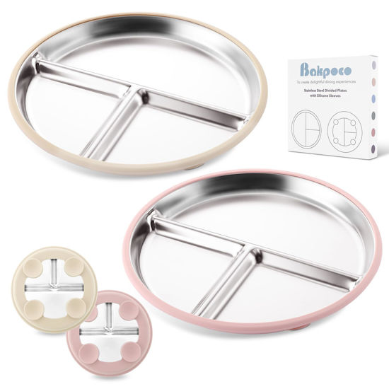 Picture of Bakpoco Stainless Steel Baby Plate with Suction, 9” Divided Toddler Plates with Removable Silicone Sleeves for Kids, Non-Toxic Non-Slip Unbreakable Dishwasher Safe Dinnerware Set of 2, Pink & Beige