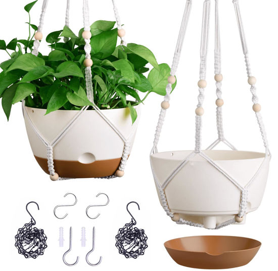 Picture of Set of 2-10 Inch Hanging Planters for Indoor Plants with Self-Watering Includes Hanging Pots for Plants, Outdoor Hanging Plant Pot with Drainage, and 2 Types of Hanging Baskets Hangers (White, 10inch)