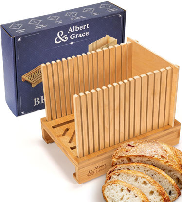 Picture of Albert&Grace Bamboo Bread Slicer for Homemade Bread - Adjustable Widht Slicing Guides, Compact & Foldable Loaf Cutter for Perfect Slices & Halving Bagels
