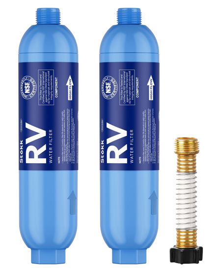 Picture of Stokk RV Water Filter 2 Pack with 1 Flexible Hose Protector, Greatly Reduces Bad Taste, Chlorine, Odor, Rust and Sediment in Drinking Water, Garden and Camper Marines