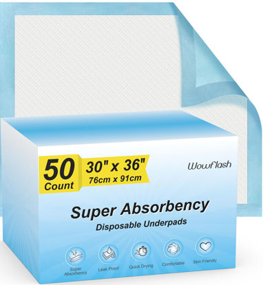 Picture of 50 Count 30” x 36” Super Absorbency Disposable Underpads, Leakproof Quick Drying, Baby Puppy & Adults Bed Pads Disposable Adults, Dog Pee Pads Extra Large, XXL Incontinence Pads