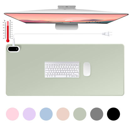 Picture of Konohan Heated Large Desk Mat PU Leather Warm Mouse Pad with 5 Heating Level & 4 Hour Auto Shut-Off Heating Keyboard Pad Hand Warmer Gaming Mouse Pad for Office Home(Gray-Green Color,31.5" X 13")