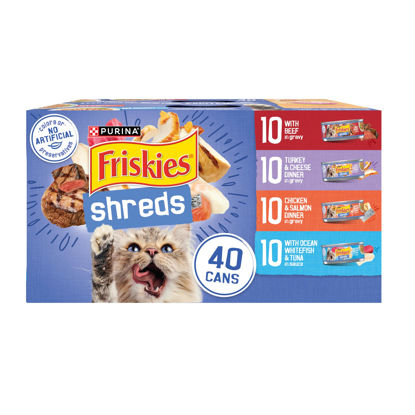 Picture of Purina Friskies Wet Cat Food Variety Pack, Shreds With Beef, Turkey and Cheese Dinner, Chicken and Salmon Dinner, and With Ocean Whitefish and Tuna - (Pack of 40) 5.5 oz. Cans