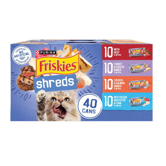Picture of Purina Friskies Wet Cat Food Variety Pack, Shreds With Beef, Turkey and Cheese Dinner, Chicken and Salmon Dinner, and With Ocean Whitefish and Tuna - (Pack of 40) 5.5 oz. Cans