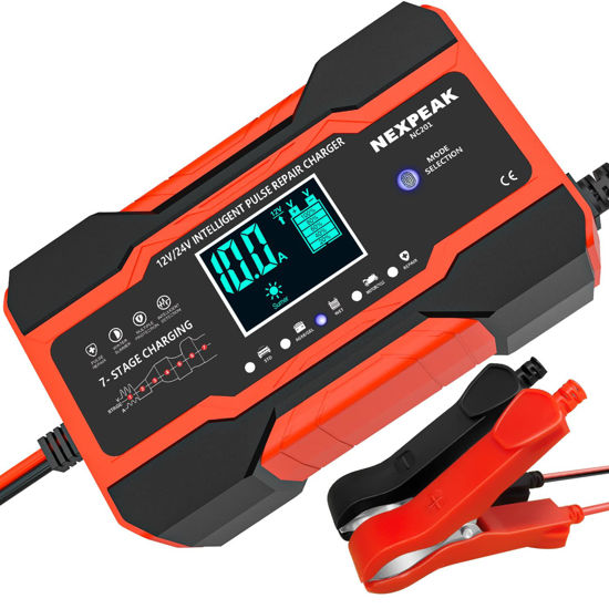 Picture of NEXPEAK NC201 10-Amp Battery Charger, Smart Trickle Charger 12V 24V Car Battery Charger Fully Automatic Maintainer Desulfator w/Temp Compensation for Car Truck Lawn Mower Boat Marine Batteries