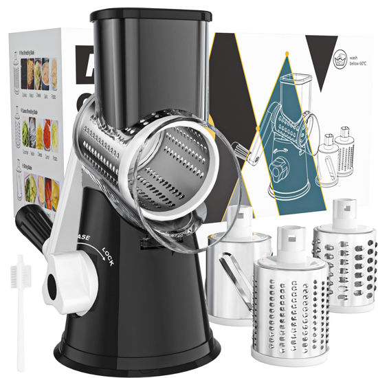 Picture of Cambom Rotary Cheese Grater Hand Crank Cheese Shredder for Fresh Cheese, Vegetable, Nuts,Non-slip Suction Base, Free Cleaning Brush Three Blades, Black